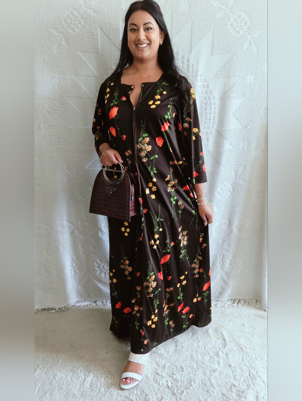 Vintage 70s Black Floral Kaftan House Dress Square Neck Front Zip Maxi | Size M